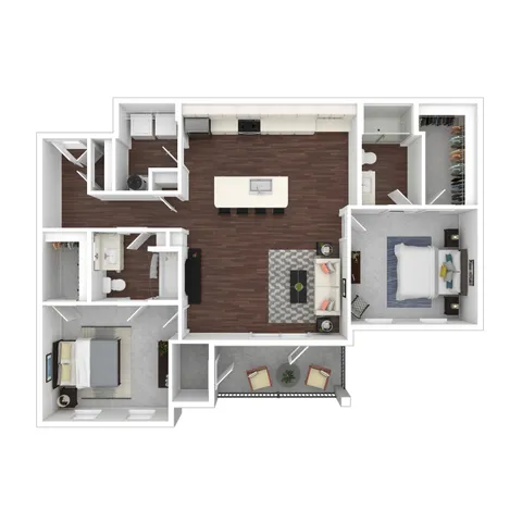 Modern 2D floor plan showcasing 2 bedrooms, a stylish open-concept living space, and a sleek kitchen with island seating.