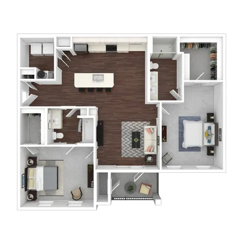 Modern apartment floor plan featuring two spacious bedrooms, open-concept kitchen and living area, elegant bathrooms, and ample closet space.