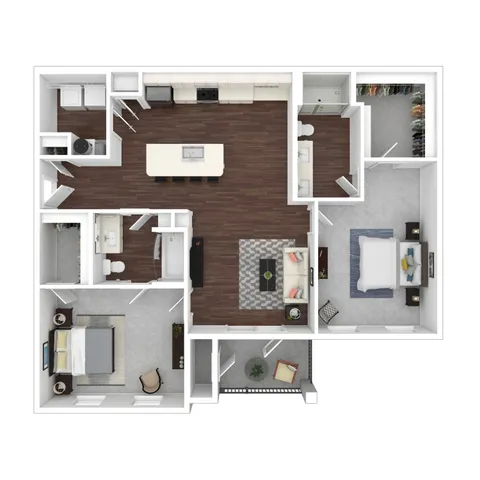Modern 3D floor plan showcasing 2 bedrooms, open-concept living area with stylish kitchen, and cozy balcony.