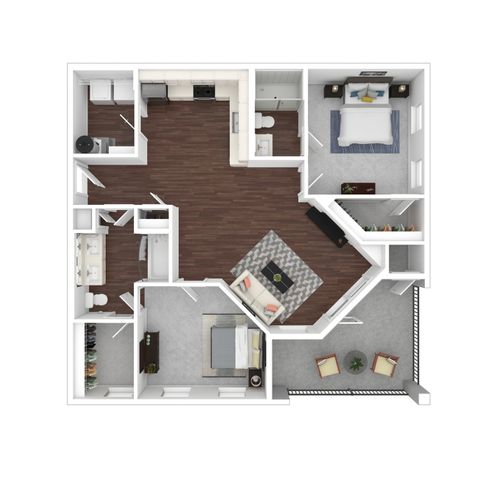 Modern 2D floor plan with 2 bedrooms, spacious living area, and a chic kitchen. Includes large balcony and elegant bathroom layout.