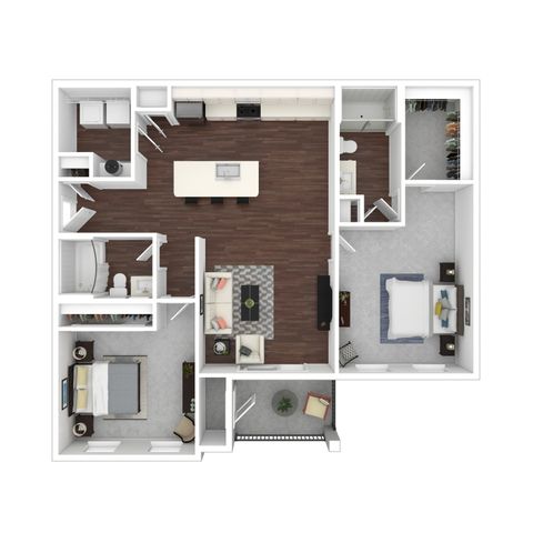 Contemporary 3D floor plan showcasing 2 bedrooms, a sleek open kitchen, and a cozy living room, perfect for modern living.