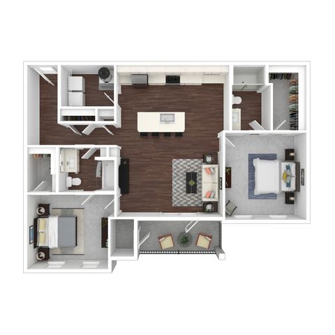 Elegant 3D floor plan showcasing two spacious bedrooms, a modern open-plan kitchen, and a cozy living area with stylish finishes.