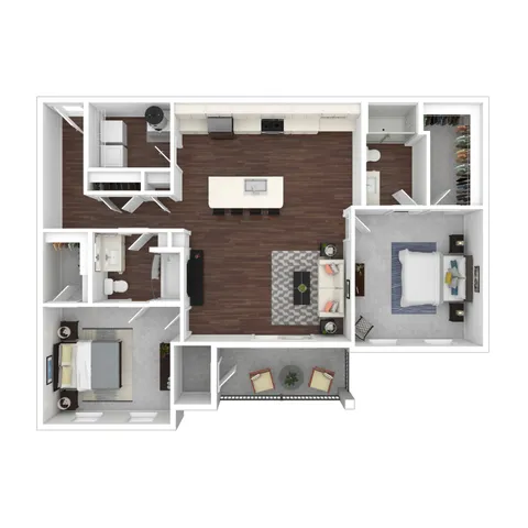 Modern 2D floor plan featuring 3 bedrooms, expansive kitchen with island, cozy living area, and stylish balcony space.