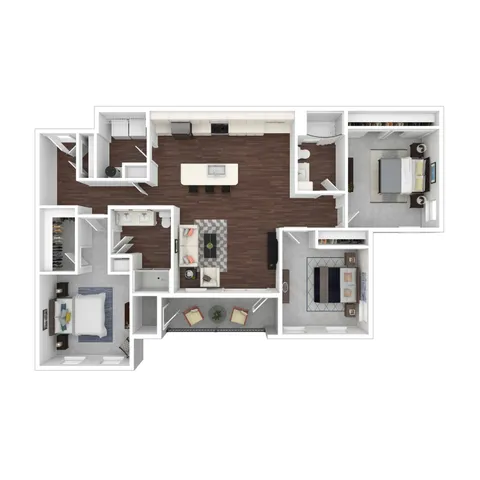 Beautiful 3D apartment floor plan showcasing 2 bedrooms, open kitchen with island, modern living room, and two bathrooms.