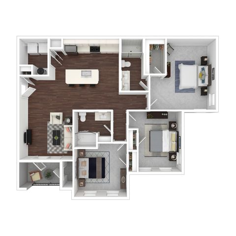 Modern 3D floor plan showcasing a spacious 2-bedroom apartment with open-concept kitchen, stylish living area, and two elegant bathrooms.