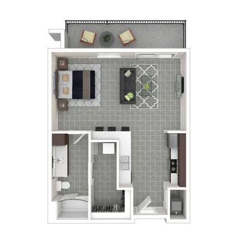 Modern 1-bedroom apartment floor plan featuring an open living area, sleek kitchen, and spacious balcony.