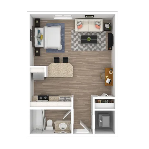 Modern 1-bedroom studio apartment with open living area, stylish kitchen island, and cozy home office space.