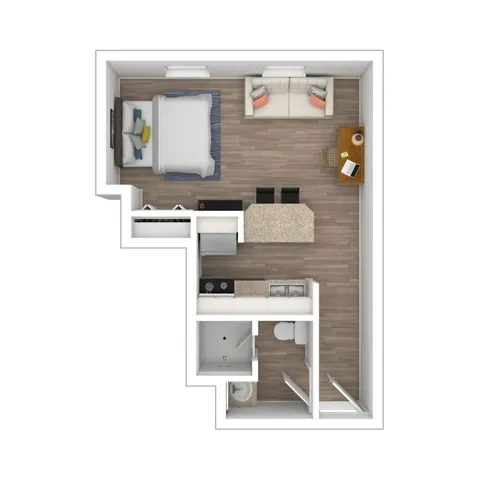 Modern studio apartment floor plan featuring an open-concept living area, cozy bedroom, sleek kitchen with island, and spacious bathroom.