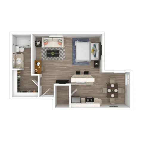 Modern floor plan showcasing one bedroom with en-suite bathroom, a cozy living area, a compact kitchen with island seating, and an elegant dining space.