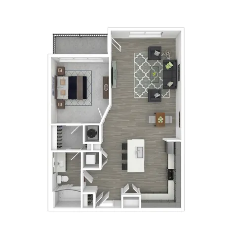 Chic 3D floor plan showcasing an elegant bedroom, open living area with modern furniture, and a sleek, functional kitchen with an island.