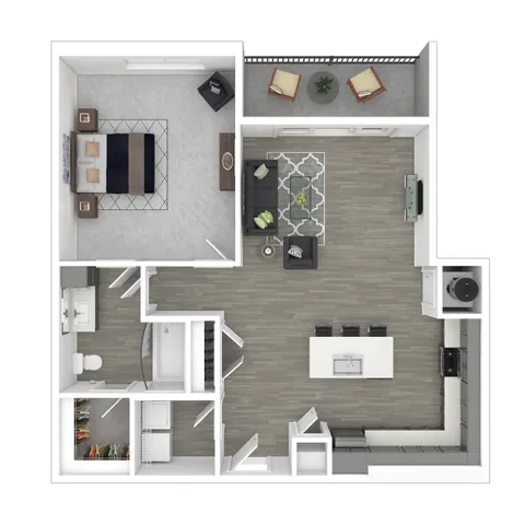 Contemporary floor plan showcasing a spacious 1-bedroom layout with open-concept living and dining area, modern kitchen, and stylish balcony.