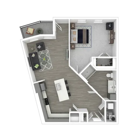 Modern 2D apartment floor plan showcasing 1 bedroom, open living and dining area, sleek kitchen, and stylish balcony.