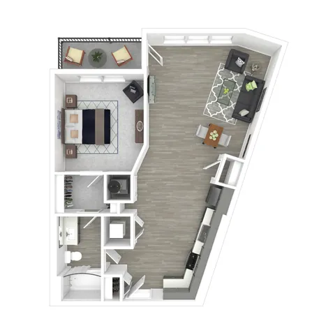 Contemporary 1-bedroom apartment floor plan with open living area, sleek kitchen, and cozy balcony.