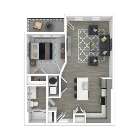 Modern floor plan featuring 1 bedroom, cozy living area, sleek kitchen, and private balcony.