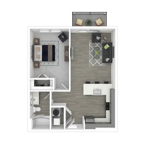 Modern floor plan with one spacious bedroom, open-concept living room, sleek kitchen, and cozy balcony seating area.