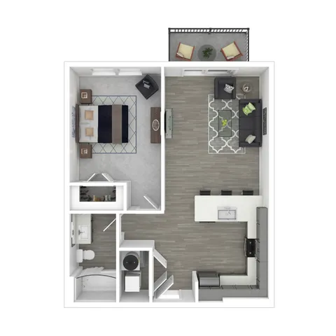 Chic 1-bedroom apartment floor plan with open-concept living area, modern kitchen, and cozy balcony.