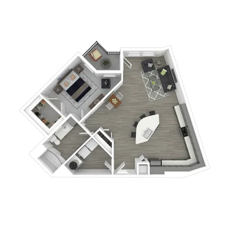 Modern 2D floor plan showcasing a spacious one-bedroom apartment with an open living area, stylish kitchen, and cozy balcony space.