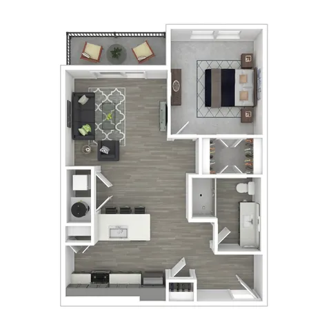 Modern 1-bedroom apartment floor plan with open-concept living area, sleek kitchen island, stylish living room, spacious bedroom, and inviting balcony.