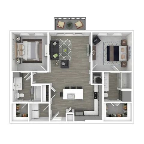 Modern 2-bedroom apartment floor plan with open-concept living space, stylish kitchen, and private balcony.