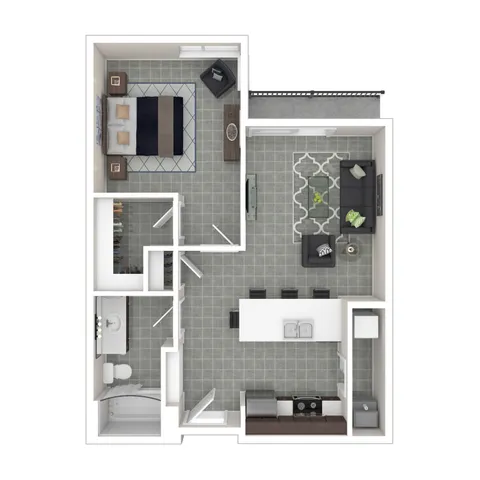 Modern floor plan showcasing a spacious 1 bedroom, open-plan living area, gourmet kitchen with island seating, and cozy terrace access.