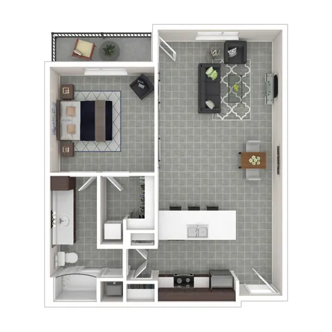 Modern 2D floor plan showcasing a spacious one-bedroom apartment with an open-concept living, dining area, and a stylish kitchen. Includes a sleek bathroom and a cozy balcony.