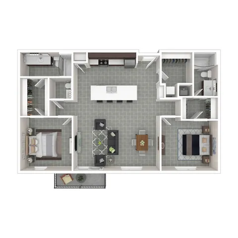 Modern 2D floor plan with 2 spacious bedrooms, open living-dining area, sleek kitchen, and two stylish bathrooms.