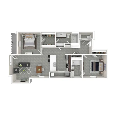 Contemporary 3D floor plan showcasing 2 bedrooms, open living area, modern kitchen, and 2 sleek bathrooms, ideal for spacious living.