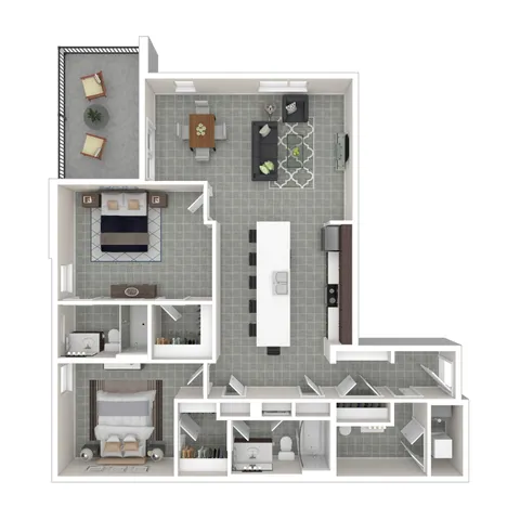 Modern floor plan showcasing 2 bedrooms, spacious open-concept living and dining area, sleek kitchen, and cozy balcony.