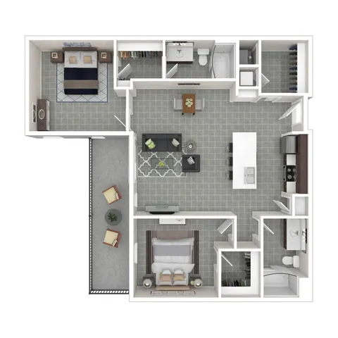 Modern 2D floor plan featuring a spacious two-bedroom layout with open-concept kitchen, inviting living area, and two sleek bathrooms. Includes a cozy patio space for relaxation.