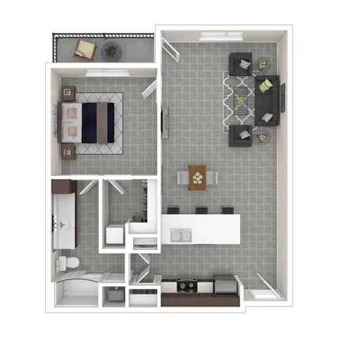 Modern open-concept floor plan showcasing a spacious bedroom, stylish living area, and contemporary kitchen with island seating.