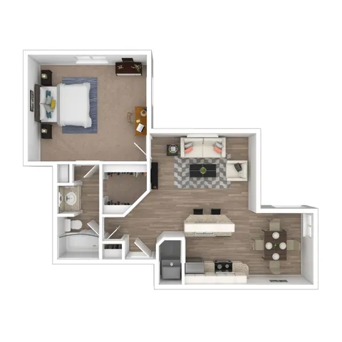 Modern floor plan showcasing a spacious 1-bedroom with plush carpeting, an open living area featuring elegant wood flooring, and a fully equipped kitchen with an island, perfect for contemporary living.