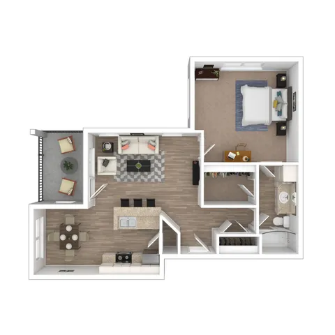 Modern 1-bedroom apartment floor plan featuring an open-concept living room with a cozy balcony, sleek kitchen with breakfast bar, and a well-appointed bathroom.