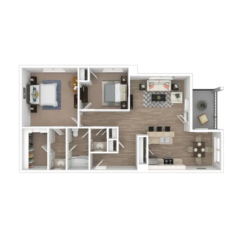 Modern floor plan showcasing 2 spacious bedrooms, open-concept living area with balcony, stylish kitchen with island, and two bathrooms.