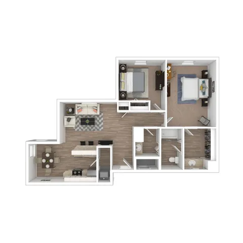 Modern 2D floor plan with 2 bedrooms, open living room, gourmet kitchen, and stylish dining area.