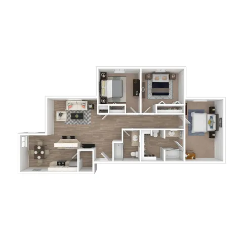 Modern 3D floor plan showcasing 3 bedrooms, a spacious living room, and a stylish kitchen with dining area.