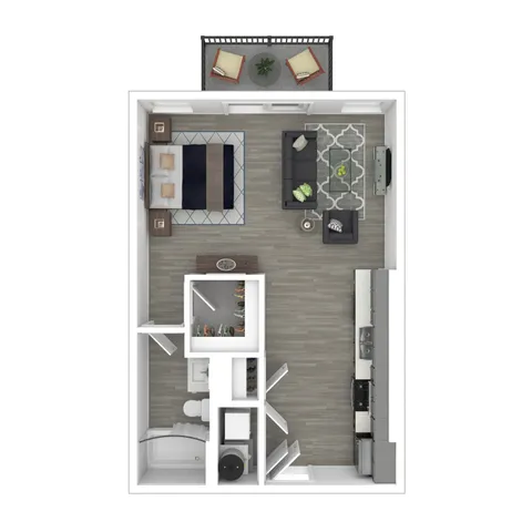 Modern studio apartment floor plan with open-concept living and bedroom area, sleek kitchen, cozy bathroom, and private balcony.