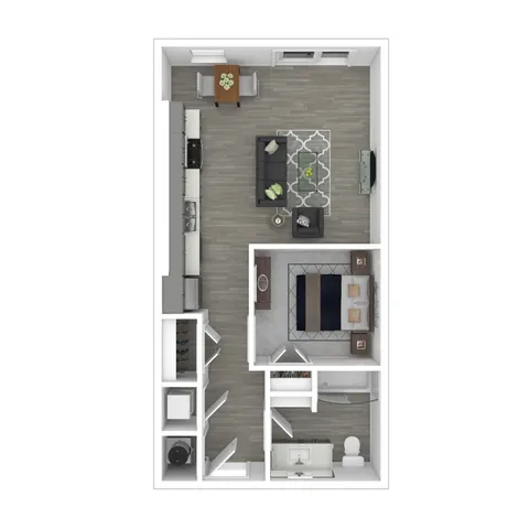 Contemporary floor plan showcasing an open-concept living area, stylish kitchen, and elegant bedroom.
