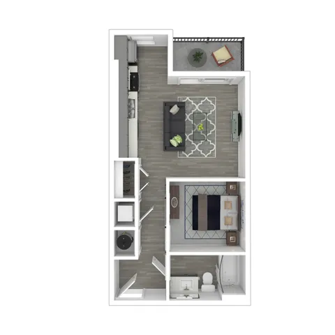 Modern 1-bedroom apartment floor plan featuring an open-concept living area, stylish kitchen, cozy bedroom, and private balcony.