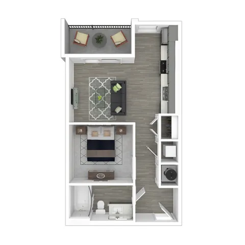 Modern apartment floor plan featuring a spacious bedroom, cozy living area, sleek kitchen, and private balcony.