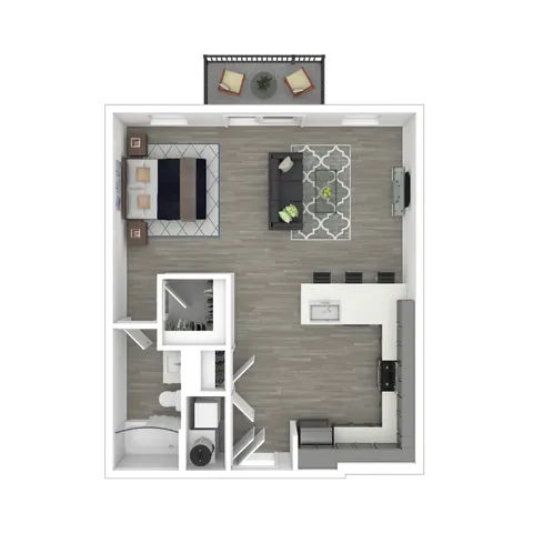 Modern one-bedroom apartment floor plan with open-concept living and dining area, stylish L-shaped kitchen, cozy bedroom, and private balcony.