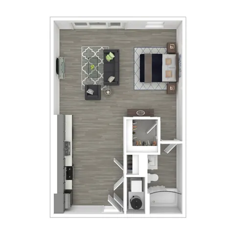 Modern open-concept 2D floor plan featuring a cozy bedroom, stylish living area, sleek kitchen, and functional bathroom.