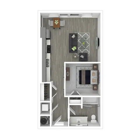 Contemporary 1-bedroom apartment floor plan with open-concept kitchen and living area, cozy dining nook, and modern bathroom design.