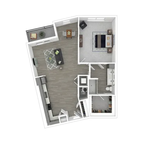 Modern apartment floor plan featuring a spacious bedroom, open-concept living and dining area, sleek kitchen, and balcony.