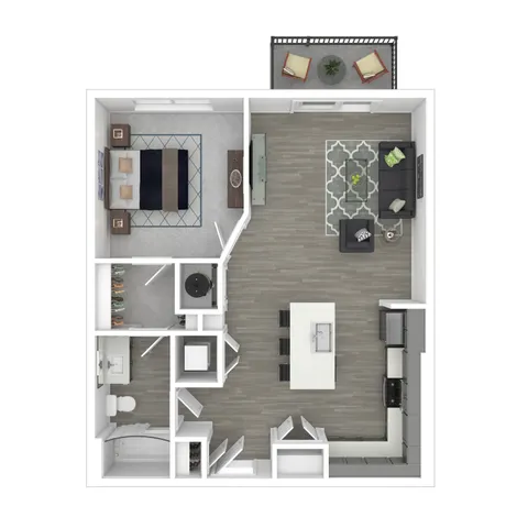 Modern 3D floor plan showcasing a spacious 1-bedroom apartment with an open-concept living space, sleek kitchen island, and cozy balcony.