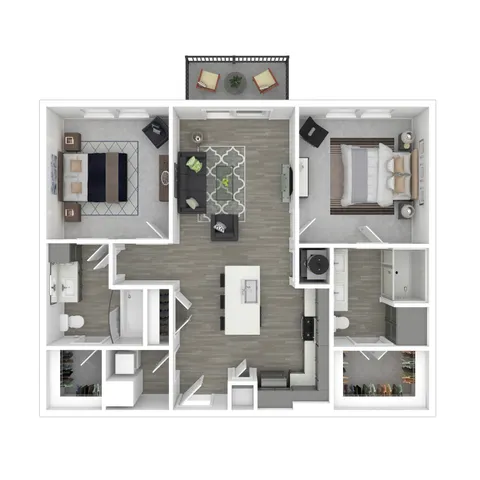 Elegant 2D floor plan showcasing open living space with two spacious bedrooms, modern kitchen, and cozy balcony.