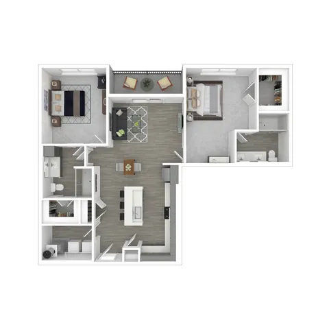 Modern apartment floor plan with two bedrooms, stylish open-concept living area, sleek kitchen with island, and cozy balcony.