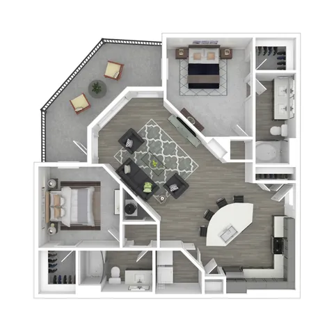 Chic apartment floor plan showcasing 2 bedrooms, spacious open-plan living area, modern kitchen, and a stylish balcony for relaxation.