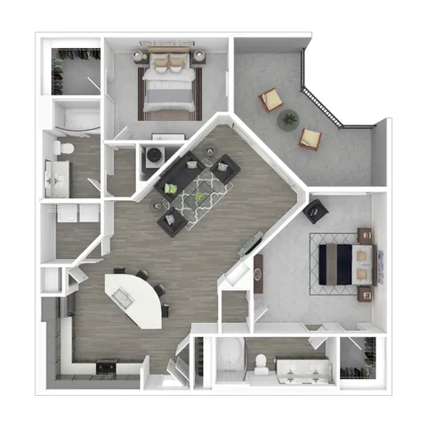 Modern 2D floor plan featuring 2 spacious bedrooms, a stylish open kitchen with island, cozy living area, and private balcony.