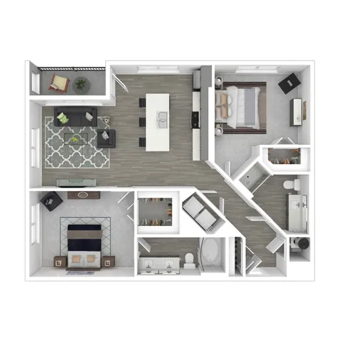 Modern 2D floor plan illustrating a luxurious 2-bedroom, 2-bathroom apartment with an open-concept kitchen and living area, plus a cozy balcony.