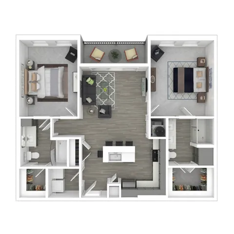 Chic floor plan showcasing 2 bedrooms, open-concept living area, modern kitchen with island, and spacious private patio.